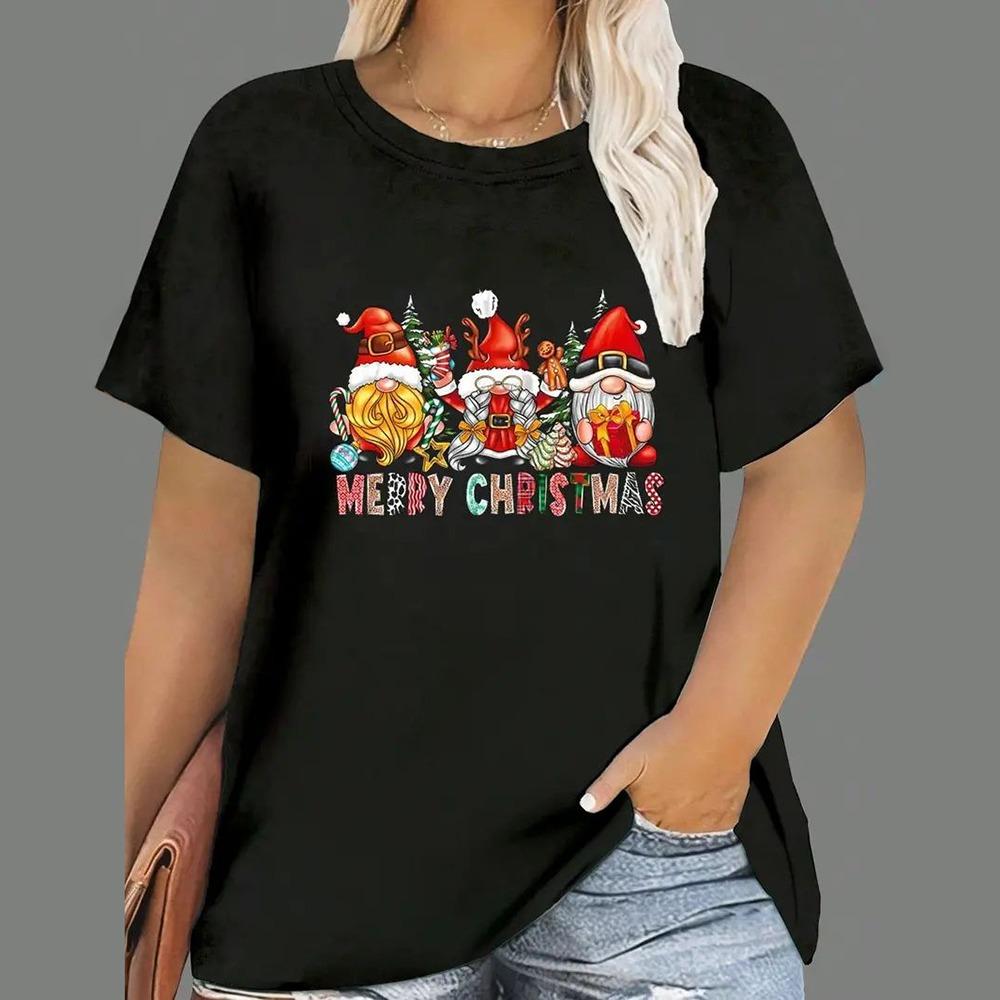 Women's Christmas T-shirt, cartoon Santa Claus print, short-sleeve, round-neck, casual party loose top