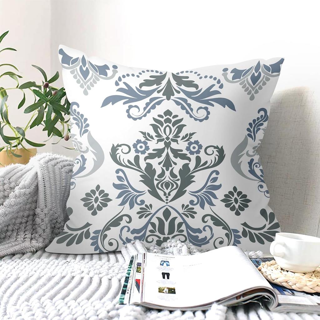 4 Stück Blau-Graue Damast-Kissenbezüge, Vintage Florale Kissenhüllen für Sofa Schlafzimmer Wohnzimmer Heimdekoration 45x45cm