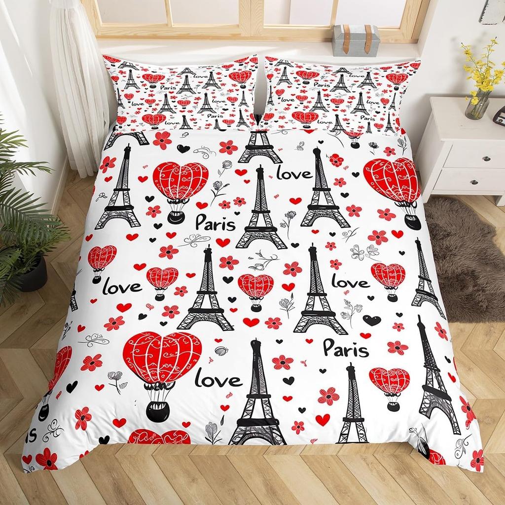 Set Biancheria da Letto Torre Eiffel Matrimoniale per Bambini Ragazze Donne Stampa Floreale Europea 3D Copripiumino Vintage Tematica Coppie Copripiumino