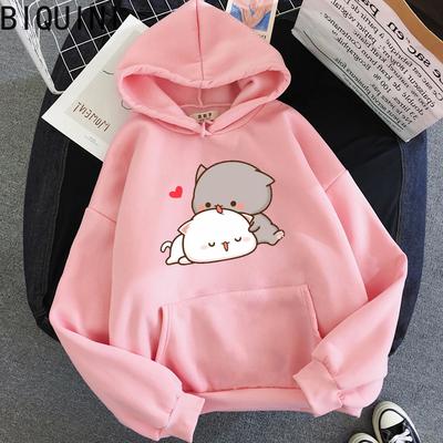 Persikokatt Kawaii Söt Huvtröjor Varma Harajuku Överdimensionerad Tröja Dam Tecknad Vintertryck Pullover Lös Streetwear