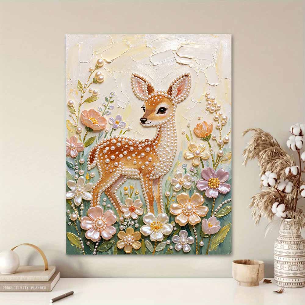 DIY Frameless Pearl Painting Kit Cute Deer Flower 3D Shiny Bead Art Canvas Relaxing Creative Craft for Home Wall Decor Gift