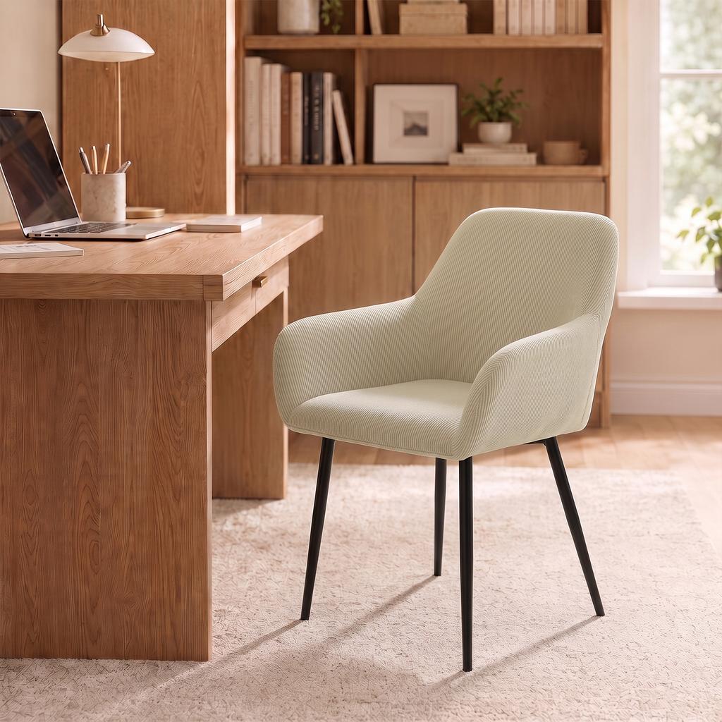 Dining Chairs, Set of 2, Corduroy Upholstered, Armrests, Backrest, Cream