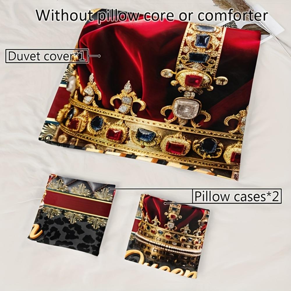 3pcs Black Bedding Set Queen Crown Print King Queen Double Full Twin Single Size Duvet Cover Set 2 Pillowcases for Birthday Gift
