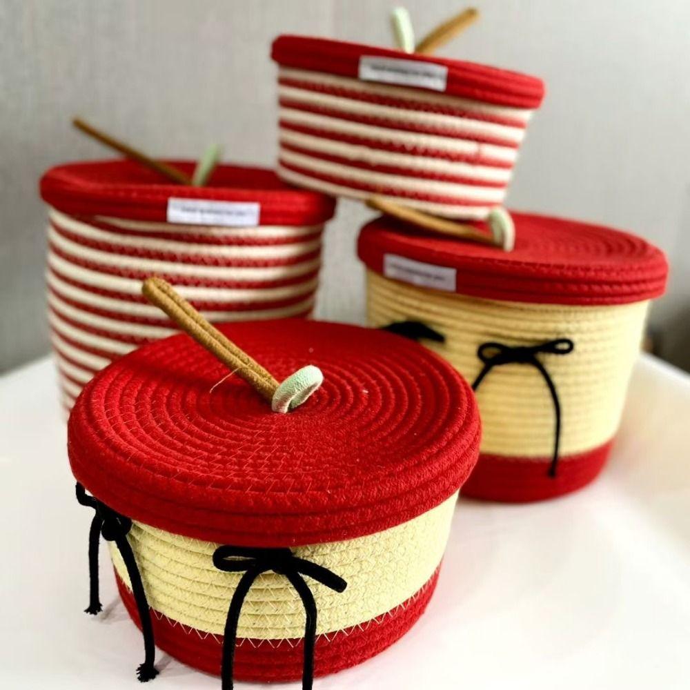 Red White Storage Basket Handmade Cotton Tead Woven Woven Basket Versatile Function Covered Style Covered Basket Various Items