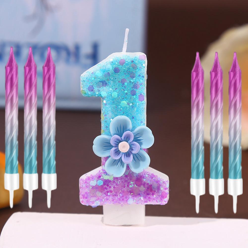 7pcs Blue Purple Flower Birthday Number Candles,Flower Theme Party Decorations, Cupcake Decorations,Suitable for Party Celebrati