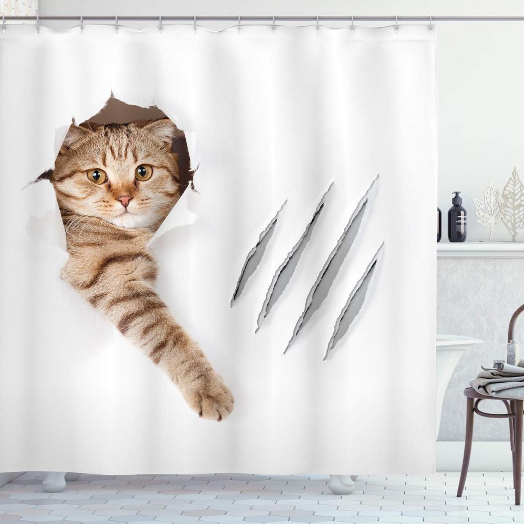 Funny Animals Shower Curtain,Cat Cowboy With Rifle Rides A Horse On Green Grass Ranch With Cow Dog Shower Curtains For Bathroom