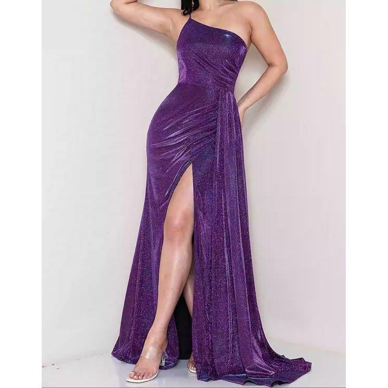 

Export Single M Home Elegant Sexy Fashion Special-Interest Unique One-Shoulder Spaghetti Straps Chest Wrap Split Sexy Glitter Dress Purple M