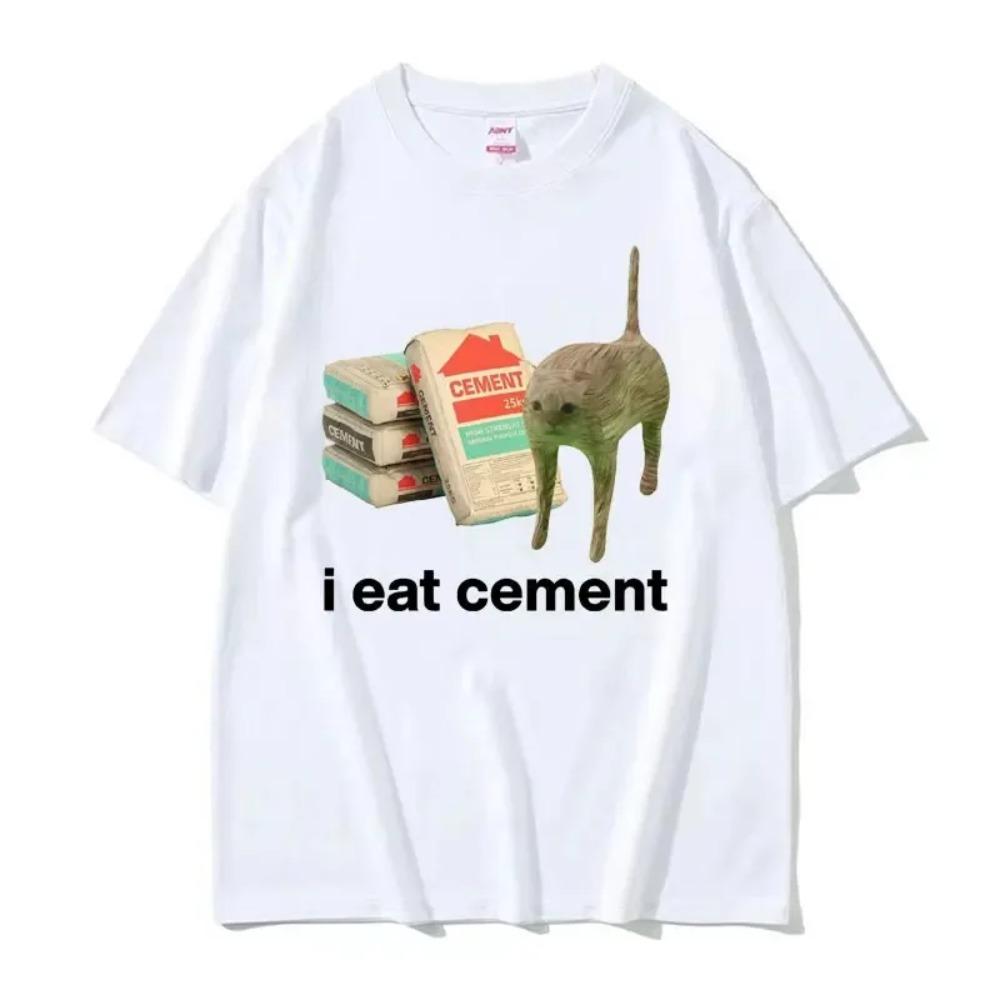 I Eat Cement Cursed Cat Funny Meme T Shirt Men Women's Fashion Humor Short Sleeve T Shirts Male High Quality Cotton T-shirt Tops