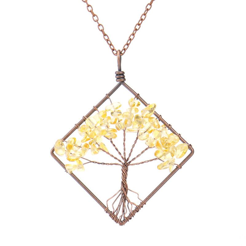 Hand-Wrapped Square Tree Of Life Necklace Natural Irregular Gravel Crystal Necklace N09 цитриновый