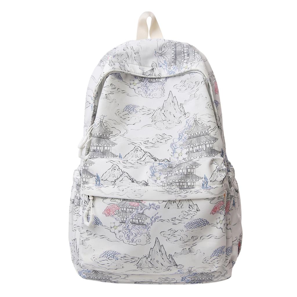 Zaino in Nylon Stampato Paesaggio Stile Cinese con Grande Capacità e Tasche Multiple Adatto per l'Uso Quotidiano e Studentesco Come Zaino Studentesco