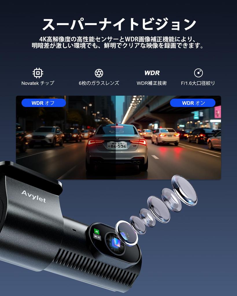 Avylet Dash Cam with Front and Rear 4K Front and 1080P Smartphone External GPS Module Automatic Continuous Impact Parking Night WDR Image LCD Engine