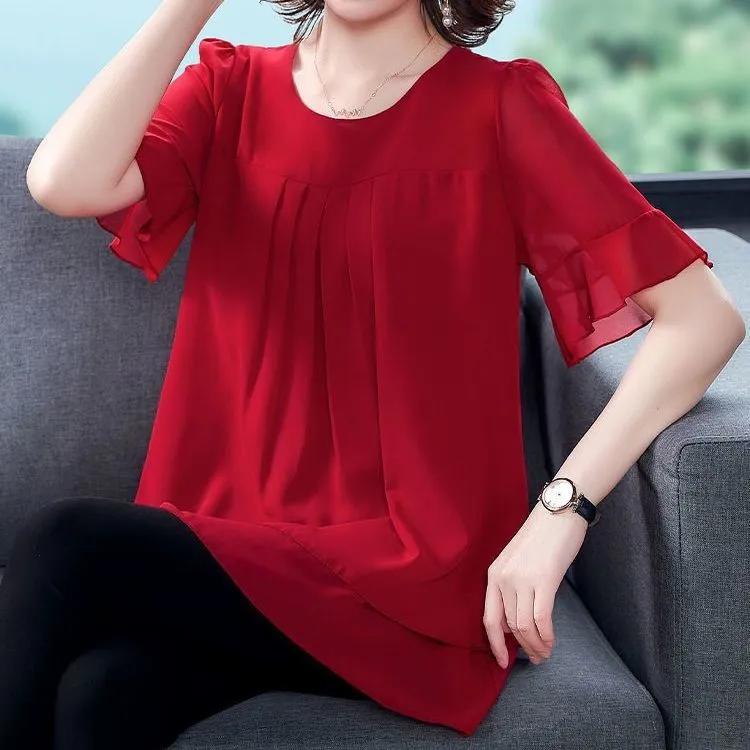Damen Sommer Kurzarm Chiffon Bluse Übergröße Locker Geschnitten Elegant Bauchbedeckendes Oberteil