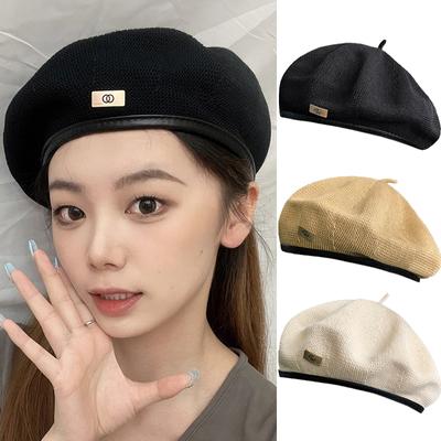 Pu Edge Beret Cap for Women Metal Retro Berets Solid Color Knit Breathable Newsboy Hat Korean Versatile Temperament Painter Hats