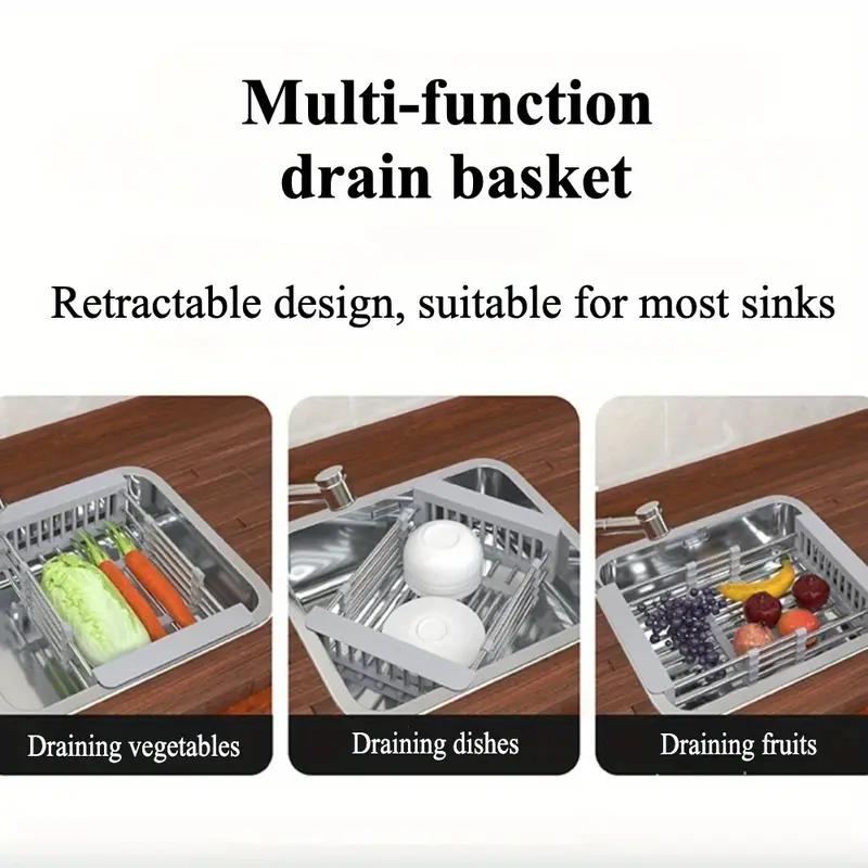 Adjustable 304 Stainless Steel Sink Drain Basket Drain Drying Rack Multifunctional Storage Rack for Kitchen Dish Vegetable Fruit