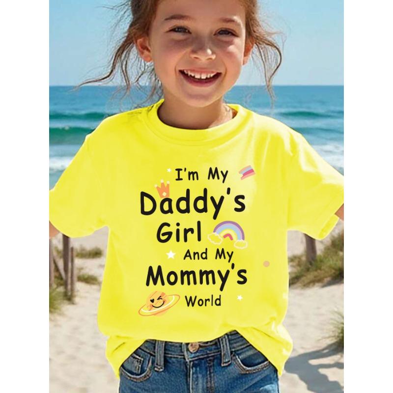 European Size Girls Round Neck Short Sleeved T Shirt with Rainbow and Shooting Star Cartoon Patterns