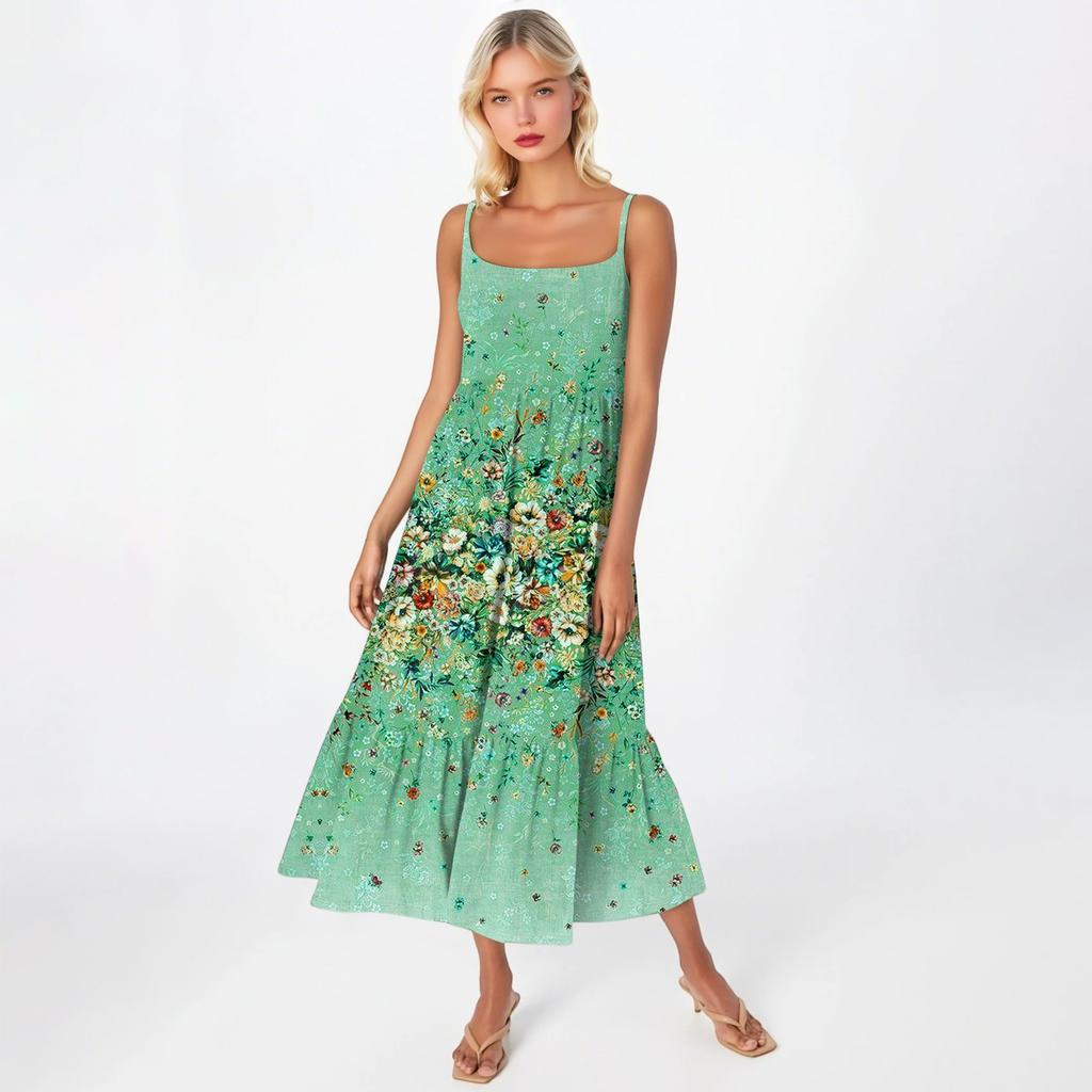 Dámské dlouhé plážové ležérní elegantní maxi šaty na špagetová ramínka s květinovým vzorem, decentní splývavé bohémské šaty