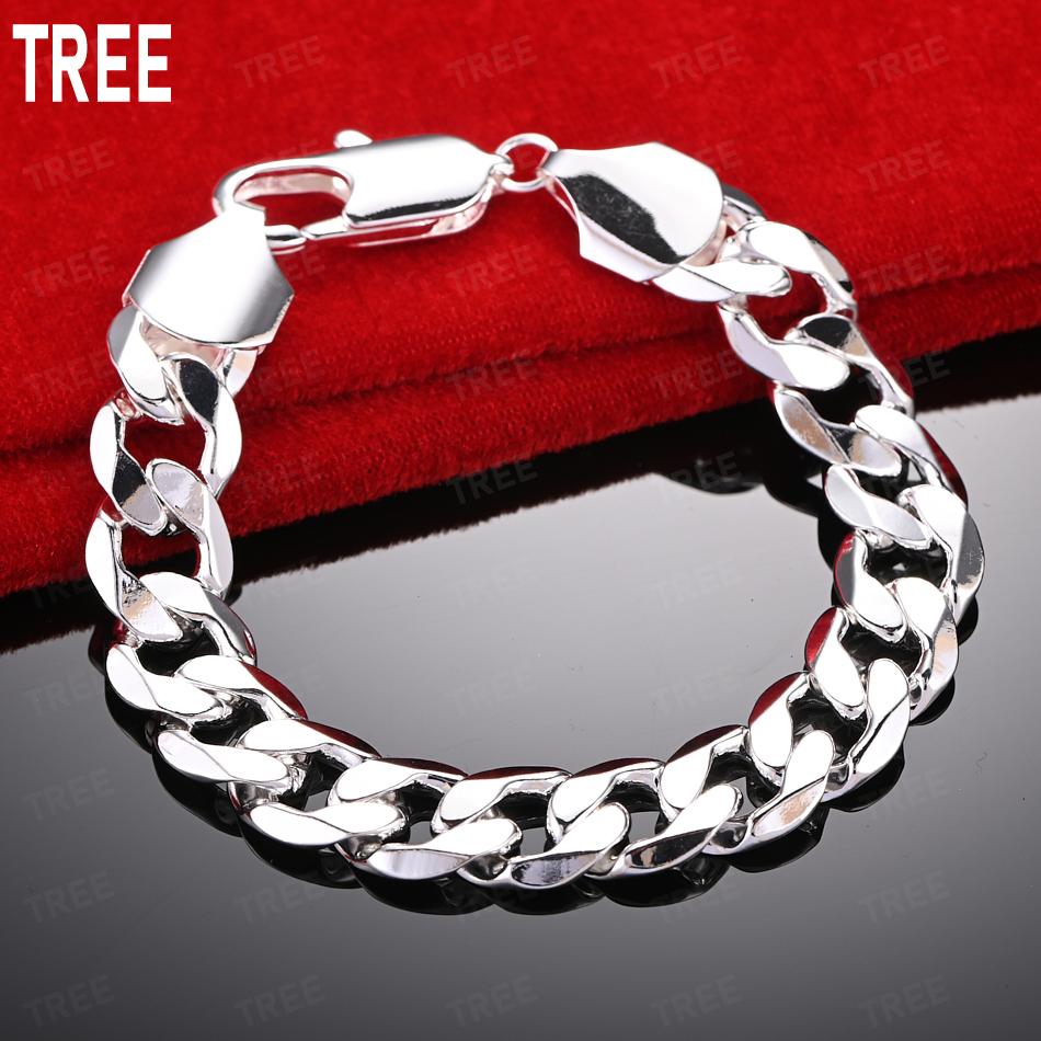 925 Sterling Silver 12mm Simple Interlocking Side Chain Atmospheric Bracelet Gift Jewelry 20CM