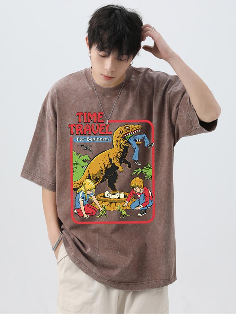 Stealing Dinosaur Baby Caught Washed Retro T Shirt Men Fashion Clothing Cotton Summer Casual Tops Hip Hop Loose Cotton T-Shirt