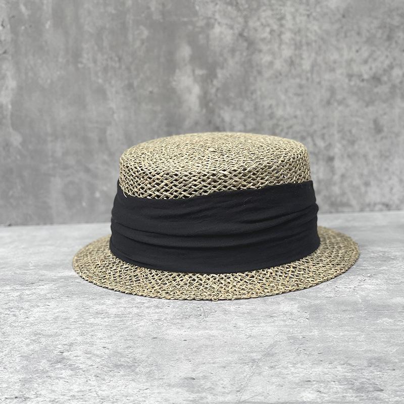 French Retro Salted Seaweed Hollow Woven Small Brim Flat Top Top Hat For Men And Women Summer Fashion Travel Short Brim Straw Hat