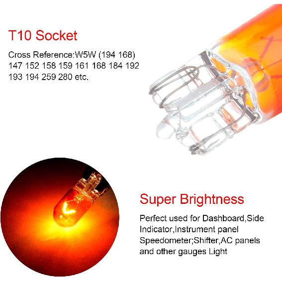 cciyu 10 Pack T10 168 194 W5W Orange/Yellow Halogen Light Bulb Instrument Cluster Gauge Dash Lamp