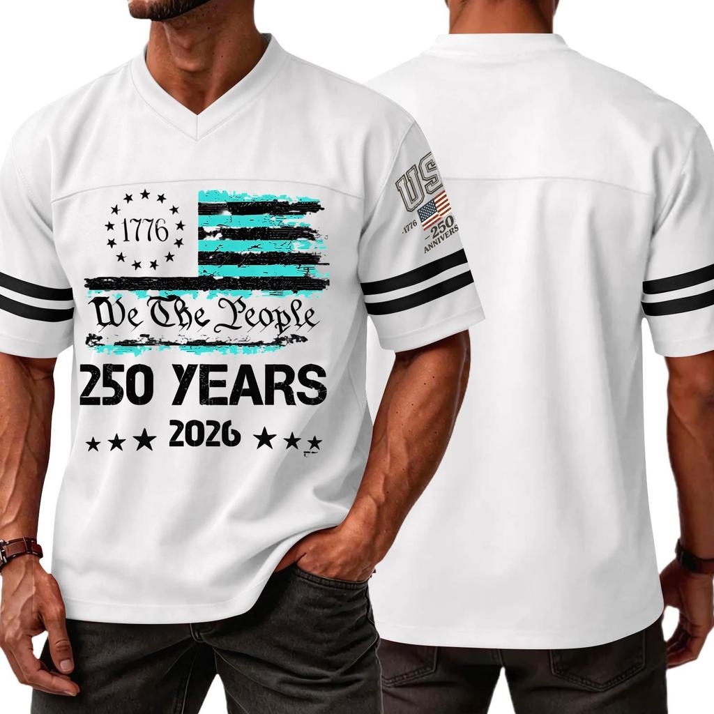 Men’s Casual V Neck Short Sleeve Jersey Style T Shirt with 250 Years Independence Day Print Athletic Fit Comfortable Top