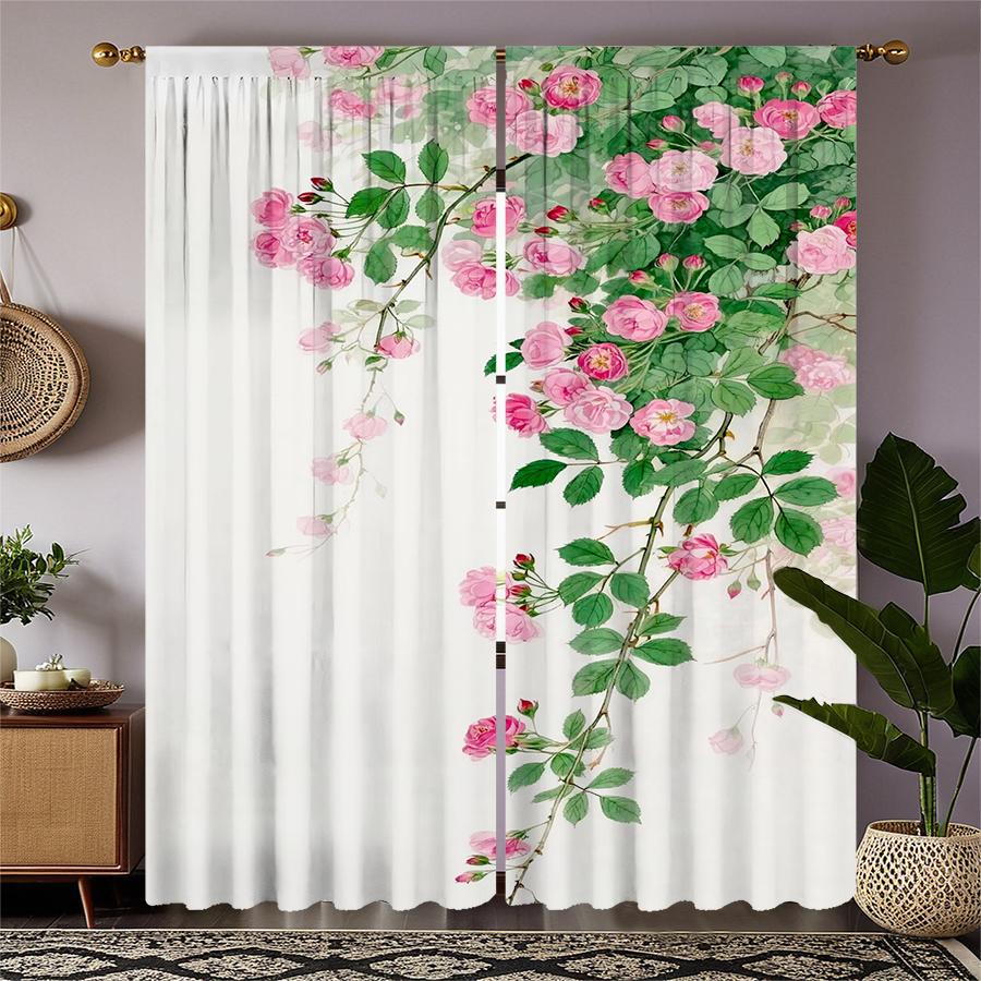 Pink Rose Printed Curtains Pole Bag Christmas Decorations Home Room Set Of 2 Made Polyester