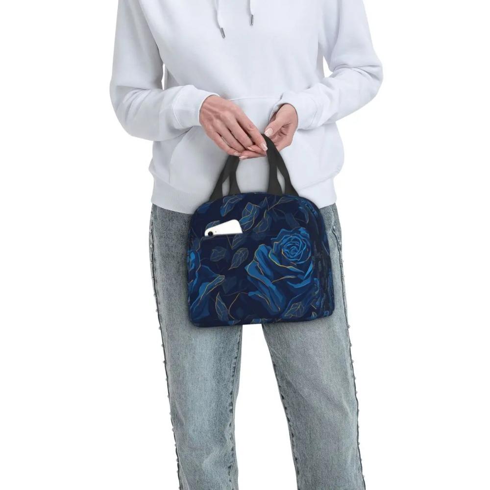Vintage Blue Rose Pattern Insulated Lunch Bag for Women Kids Leakproof Food Boxes Thermal Lunch Box Tote