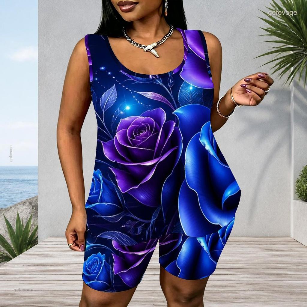 Women Plus Size Navy Blue Floral Printed Scoop Neck Sleeveless Tank Top And Shorts Two Piece Set