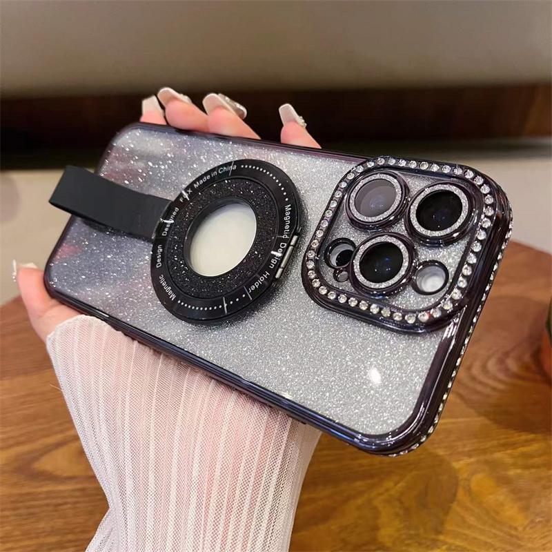 Luxury Diamond Magsafe Holde Glitter Hollow Logo Case for iPhone 16 15 Pro Max 14 Plus 13 12 11 Pro Shockproof Clear Cover