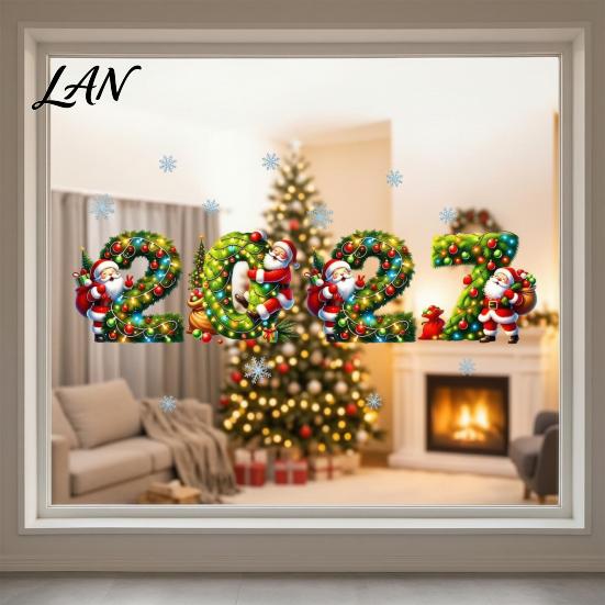 Holiday Glass Decals 2027 Merry Christmas Window Cling, Santa Snowman Reindeer Door Sticker, Removable Static Decal for Living Room Bedroom