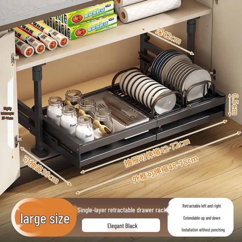 Punch-Free Under-Mount Kitchen Cabinet Pull-Out Dish & Bowl Storage Rack