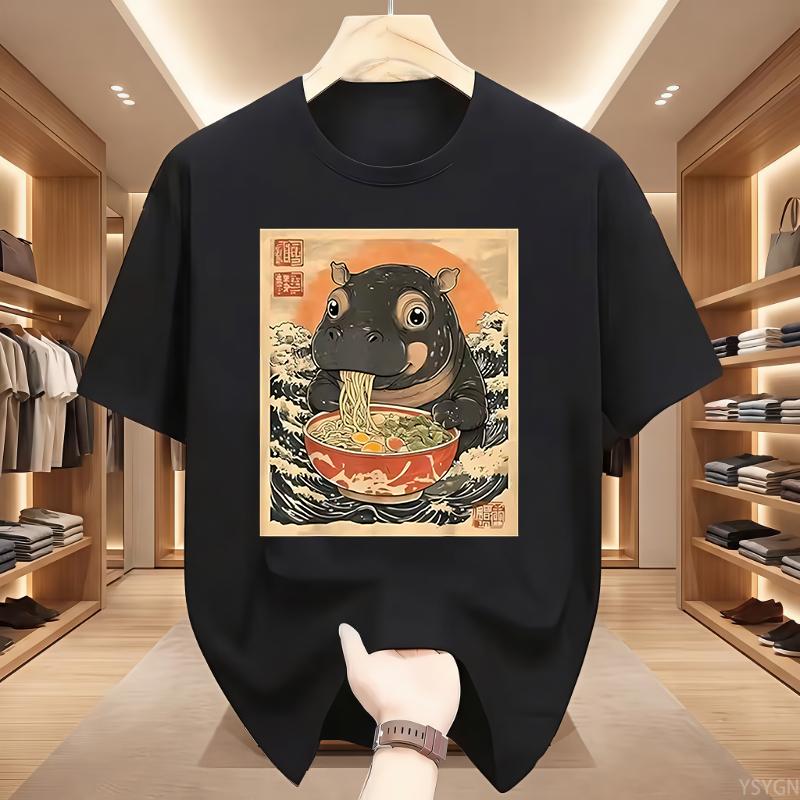 Moo Deng Hippo Eating Ramen T Shirt Japanese Ukiyo Graphic Tee Cute Animal Harajuku Streetwear Top Tshirt