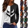 Women's Halloween Print Long Sleeve Top with Round Neck and Hem Slit for Casual Party Wear