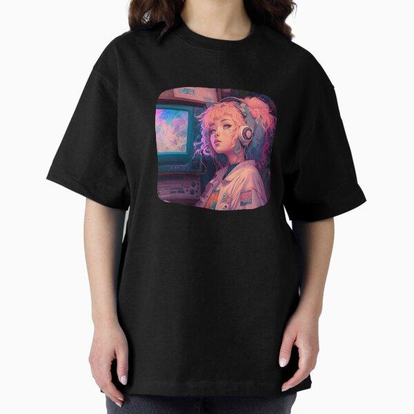 Pink Hair Girl with Headphones Portrait Anime Style Oversized T-Shirt