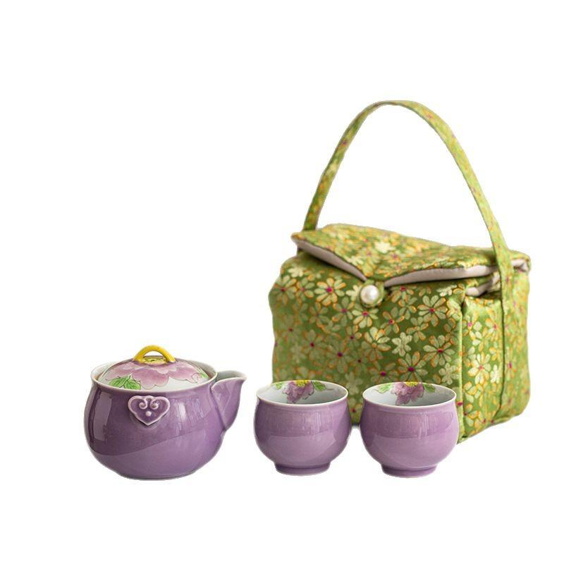 Hand painted purple peony kung fu tea set grass and wood ash underglaze color one pot two cups storage bag household ceramic travel set