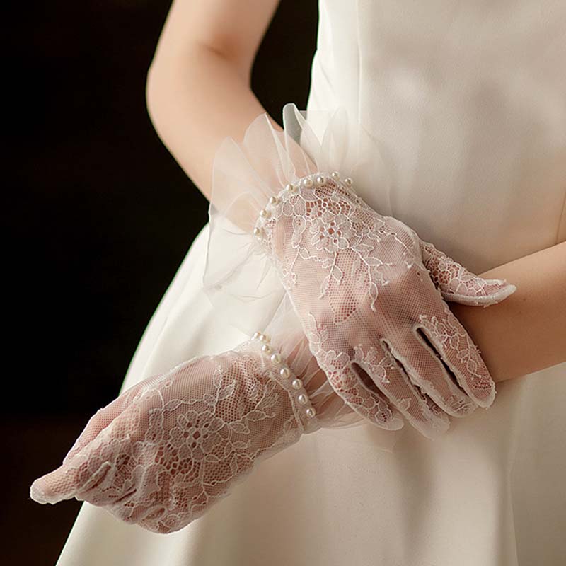 

WTEMPO 1PC Beige Black Bride s Wedding Gloves Elegant Lace Patchwork Gloves with Pearls Exquisite Breathable Mesh Gloves, Wedding Decor Accessories 1pair чорний