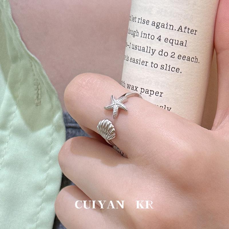 Cui Yan Jewelry S925 Silver Korean Starfish Seashell Women's Ring - Popular European & American Open Design