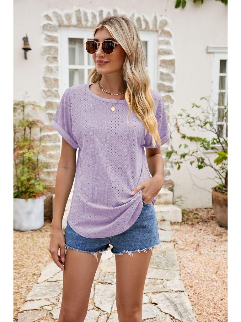 Women's Eyelet Summer Round Neck Short Sleeve Casual T-shirt