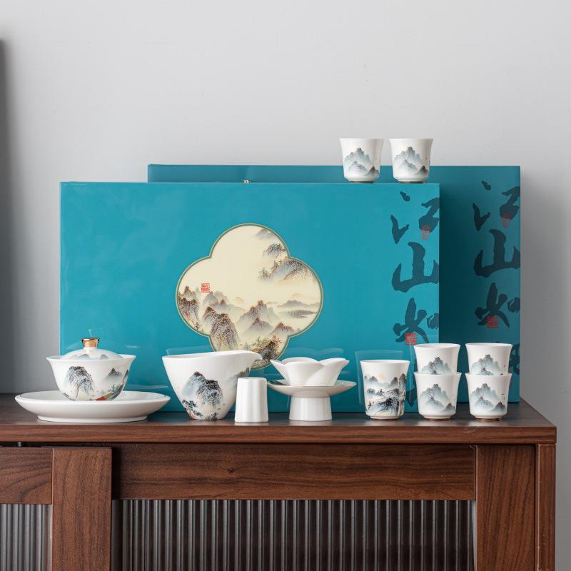 Picturesque high-end tea set gift box boutique retro Guochao cover bowl teacup business gift