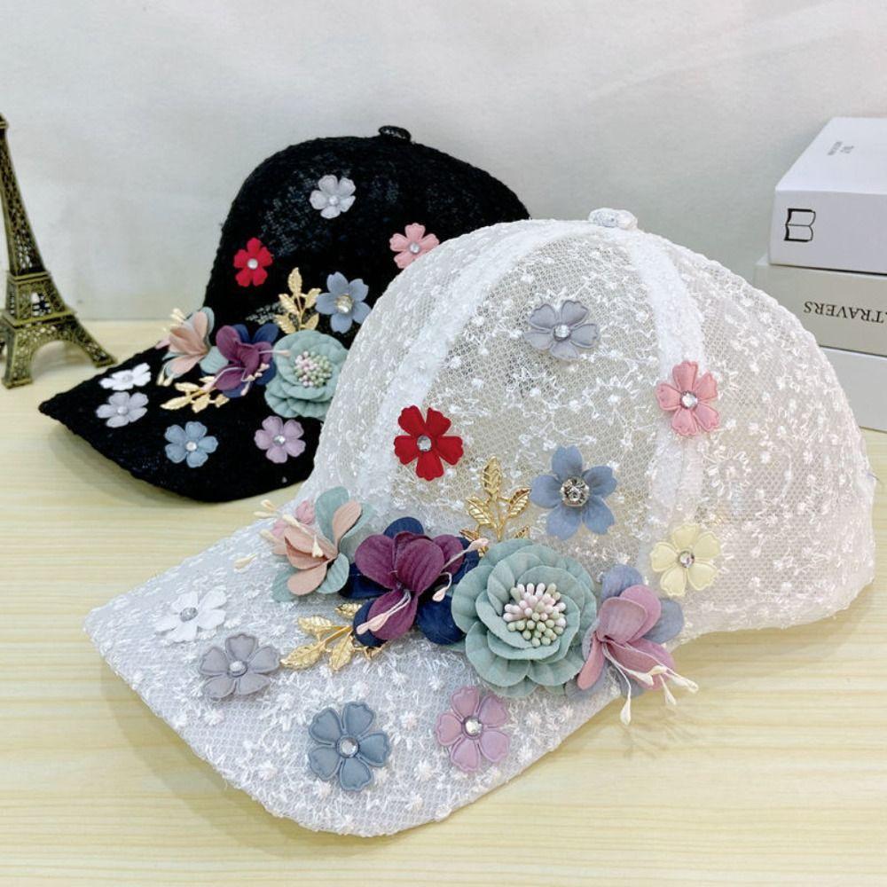 Breathable Mesh Baseball Hat Flower Decor Outdoor Sun Hat Floral Lace Baseball Cap  For Women Girls