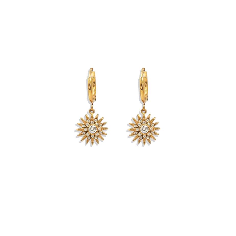 Gold Sunflower Pendant Earrings with Micro-Inlaid Zirconia - European & American Retro Luxury Style for Women