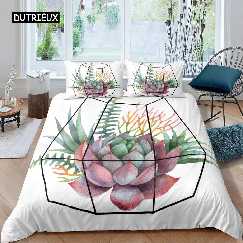 Sukkulenten Bettbezug Set Grüne Pflanze Tropisches Botanisches Bettwäsche Set Aquarellmalerei Stilvolles Naturthema Twin Quilt Cover
