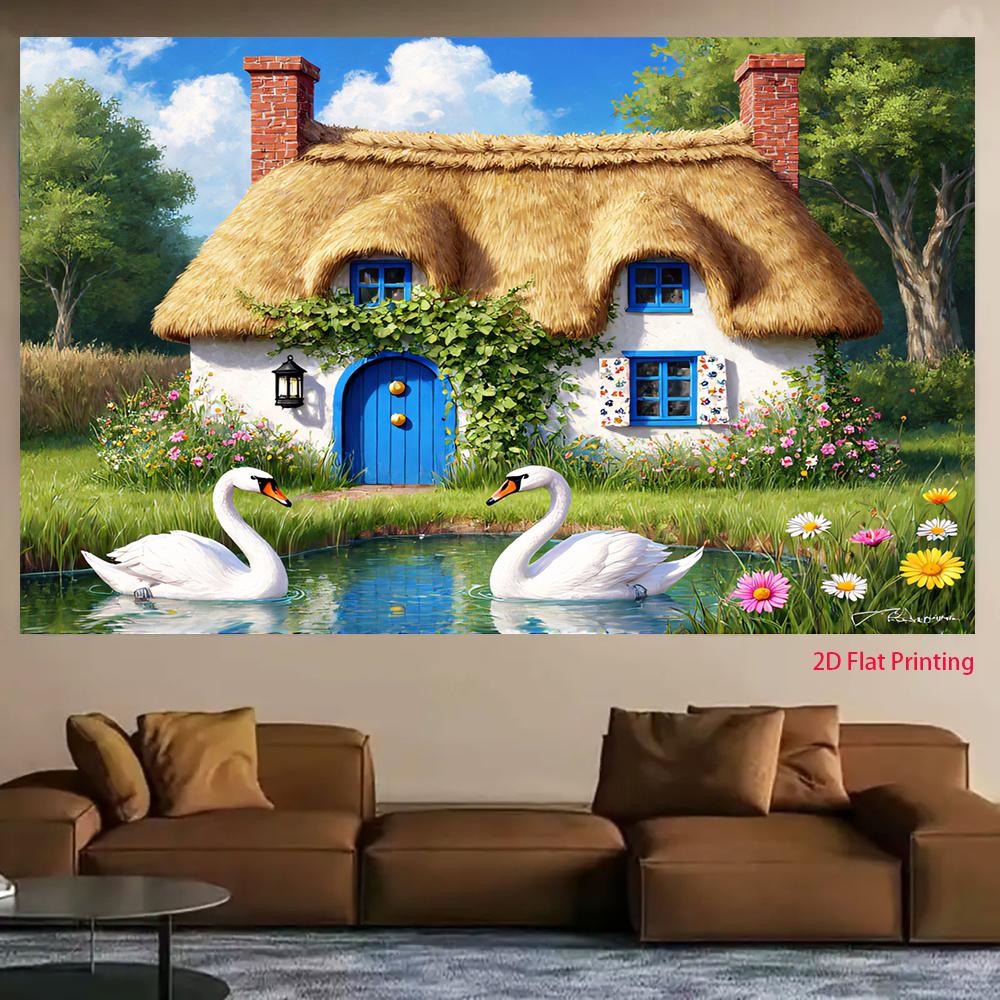 One-piece fairy tale cottage with a swan lake, suitable for party themes and occasions, room decoration backdrop fabric