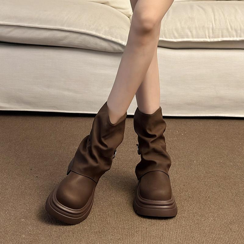 Brown Retro Maillard Platform Martin Boots Women's 2025 New Autumn Versatile Heightening Stacked Pants Tube Boots