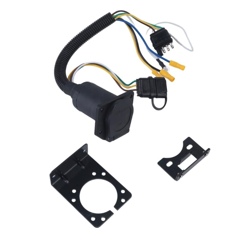 7 Way Trailer Socket Adapter with 4 Flat End and Mounting Bracket, Assembled Wiring Assembly with Flip Cover for Trailer Towing Light Use