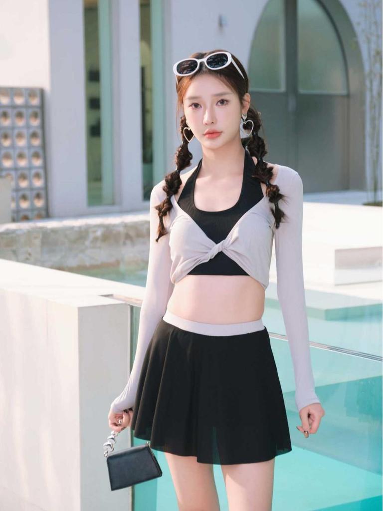 Women's Korean Color Block One-Piece Swimsuit - Slimming Split Dress Style for Vacation