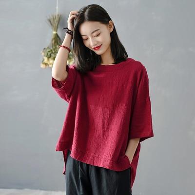 Baumwolle und Leinen Damen Literarisch Retro Locker Übergröße Rundhals Spleißen Kurzarm Tops Damen T-Shirt