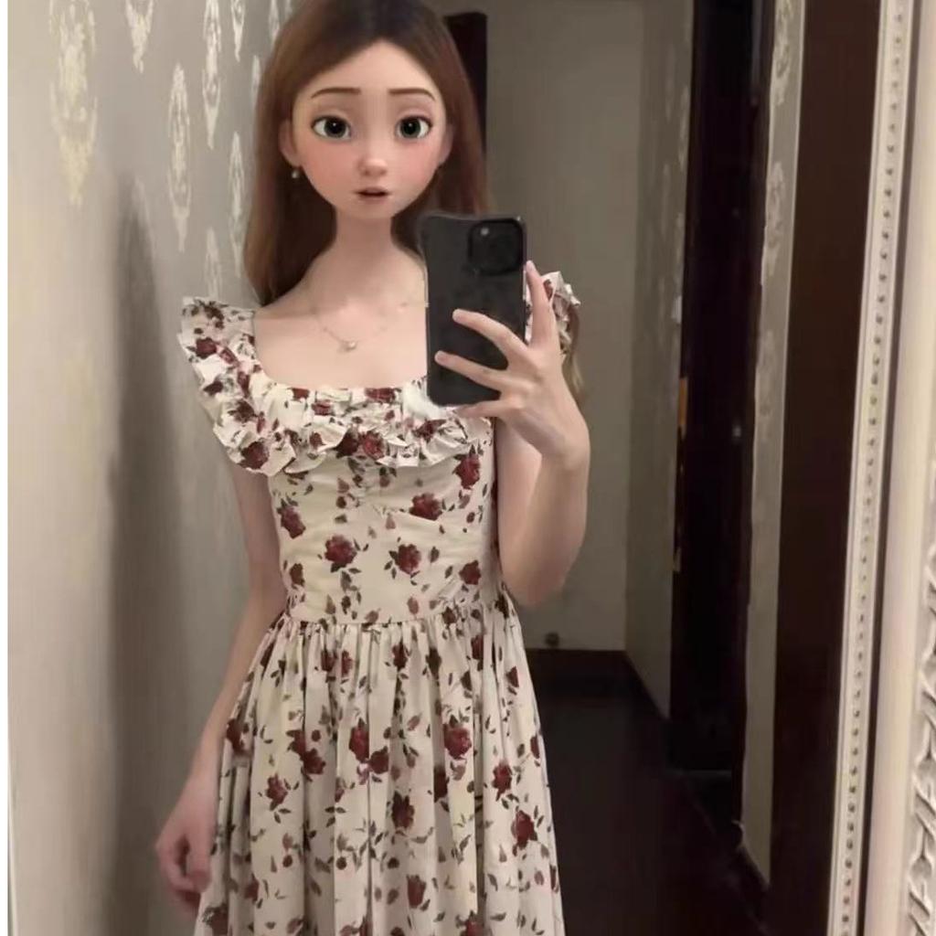 French high-end feeling flying sleeves floral dress women's summer new gentle temperament waist and thin long dress