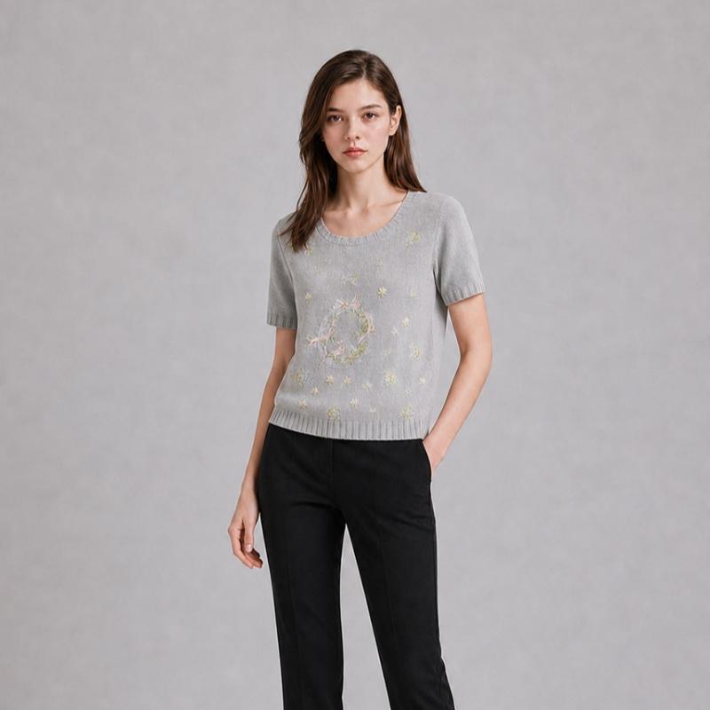 Maribon Flower Embroidery Round Short Sleeve Knit Choice Of 3