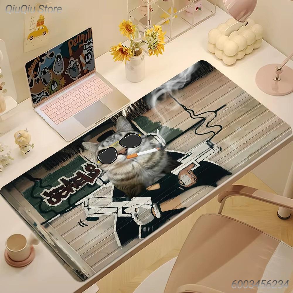 Funny Rock Meme Cat Mouse Pad Black Large Desk Mat for Gamers Cat Lovers